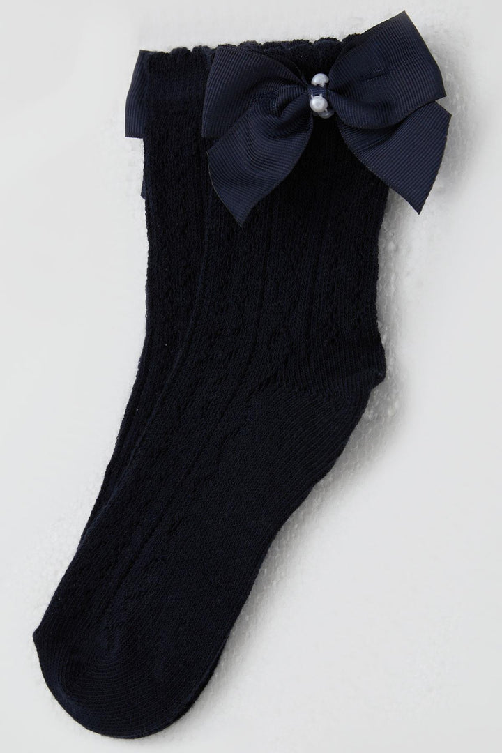 BRE Katamino Girl Socks with Bow and Pearl Accessories, 5-8 Years, Navy Blue - Florence