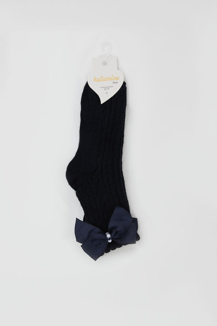 BRE Katamino Girl Socks with Bow and Pearl Accessories, 5-8 Years, Navy Blue - Florence