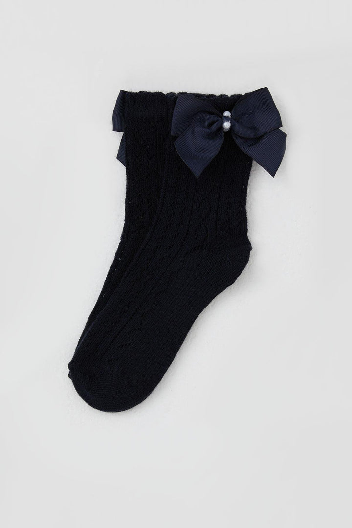 BRE Katamino Girl Socks with Bow and Pearl Accessories, 5-8 Years, Navy Blue - Florence