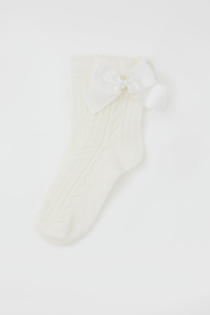 BRE Katamino Girl Child File Socket Socks with Bow Accessory Pearl 5-8 Years, Ecru - De Bilt