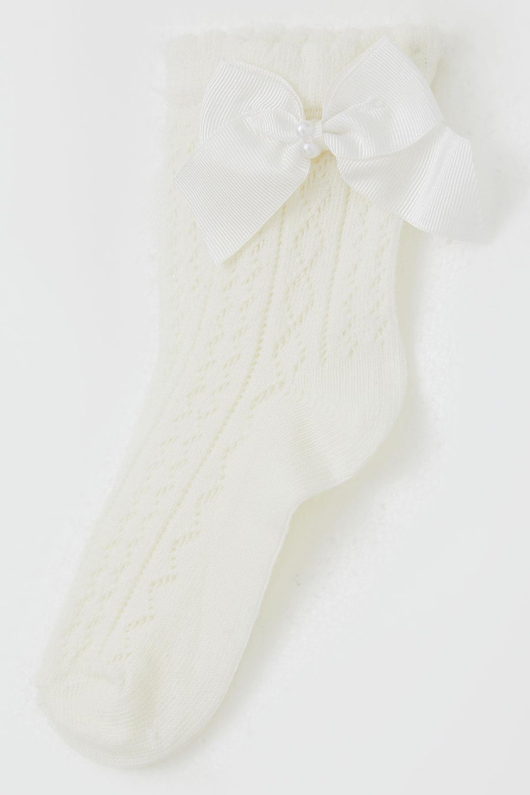 BRE Katamino Girl Child File Socket Socks with Bow Accessory Pearl 5-8 Years, Ecru - De Bilt