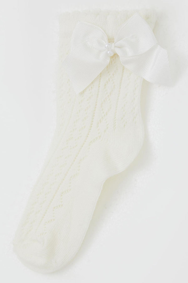 BRE Katamino Girl Child File Socket Socks with Bow Accessory Pearl 5-8 Years, Ecru - De Bilt