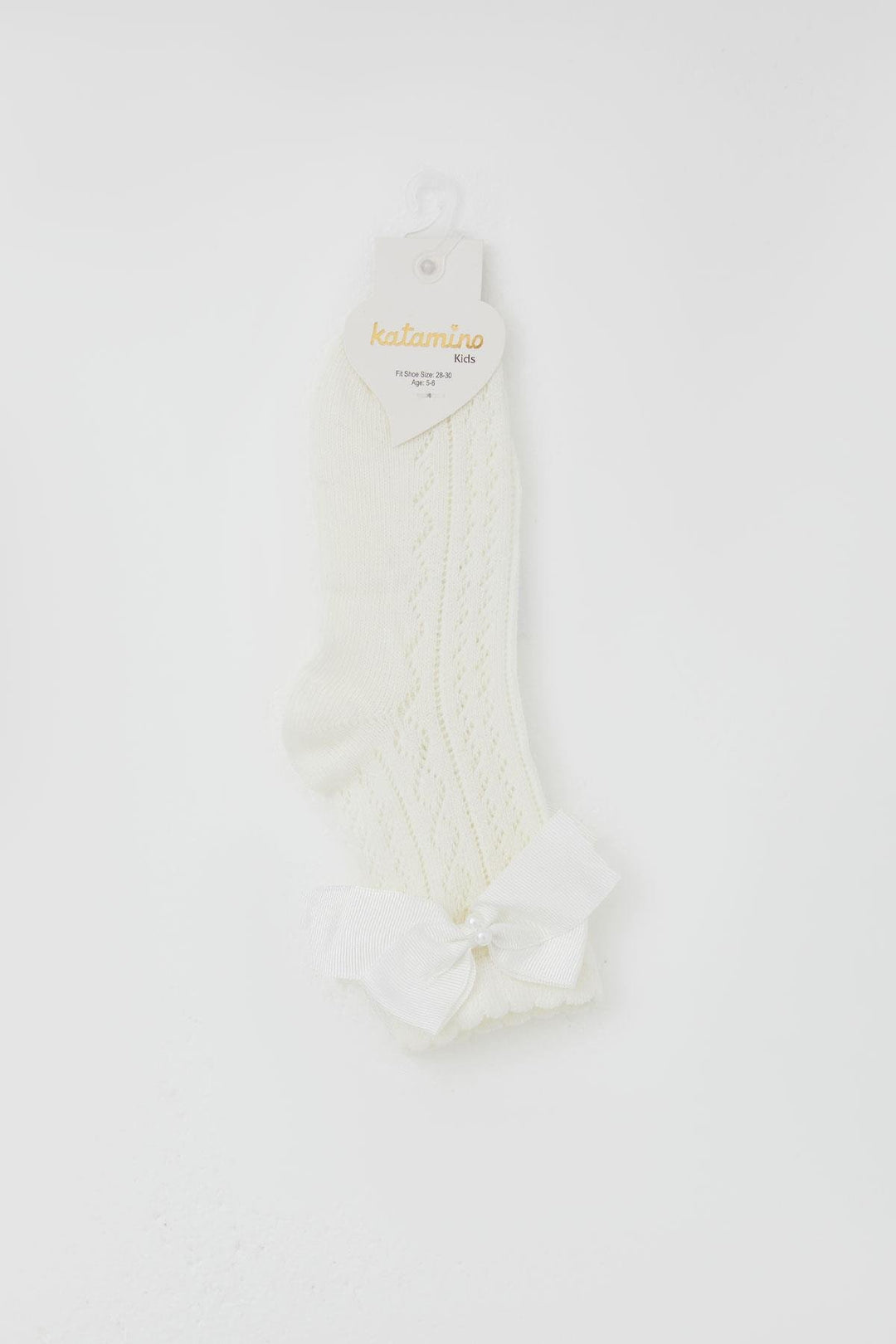 BRE Katamino Girl Child File Socket Socks with Bow Accessory Pearl 5-8 Years, Ecru - De Bilt