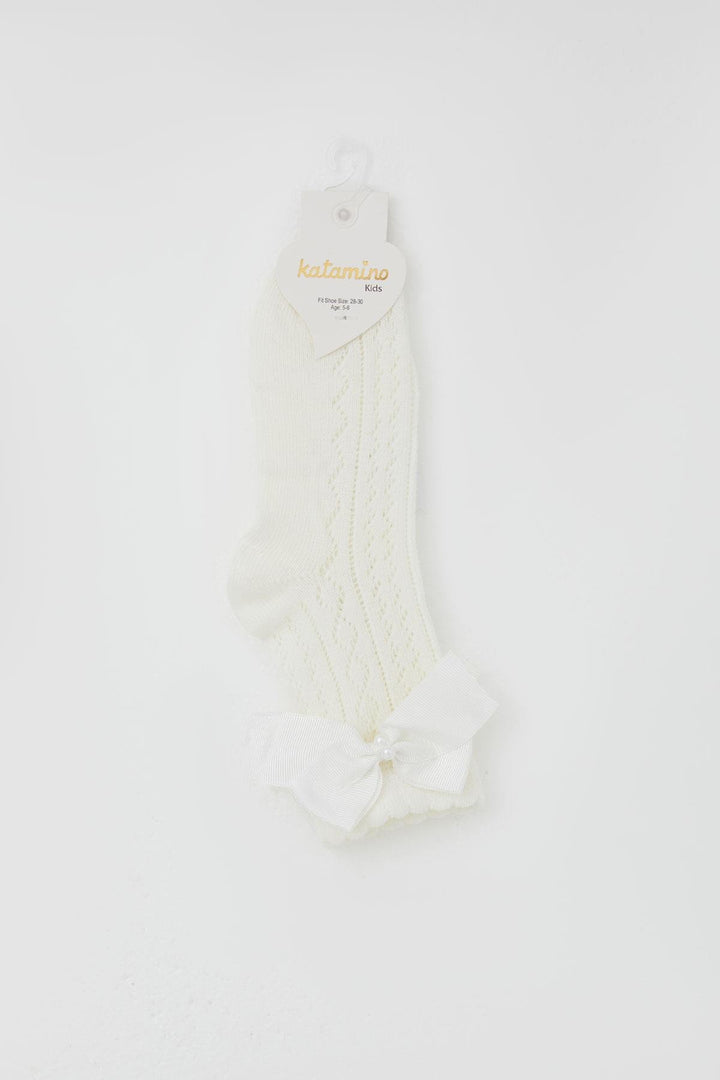 BRE Katamino Girl Child File Socket Socks with Bow Accessory Pearl 5-8 Years, Ecru - De Bilt