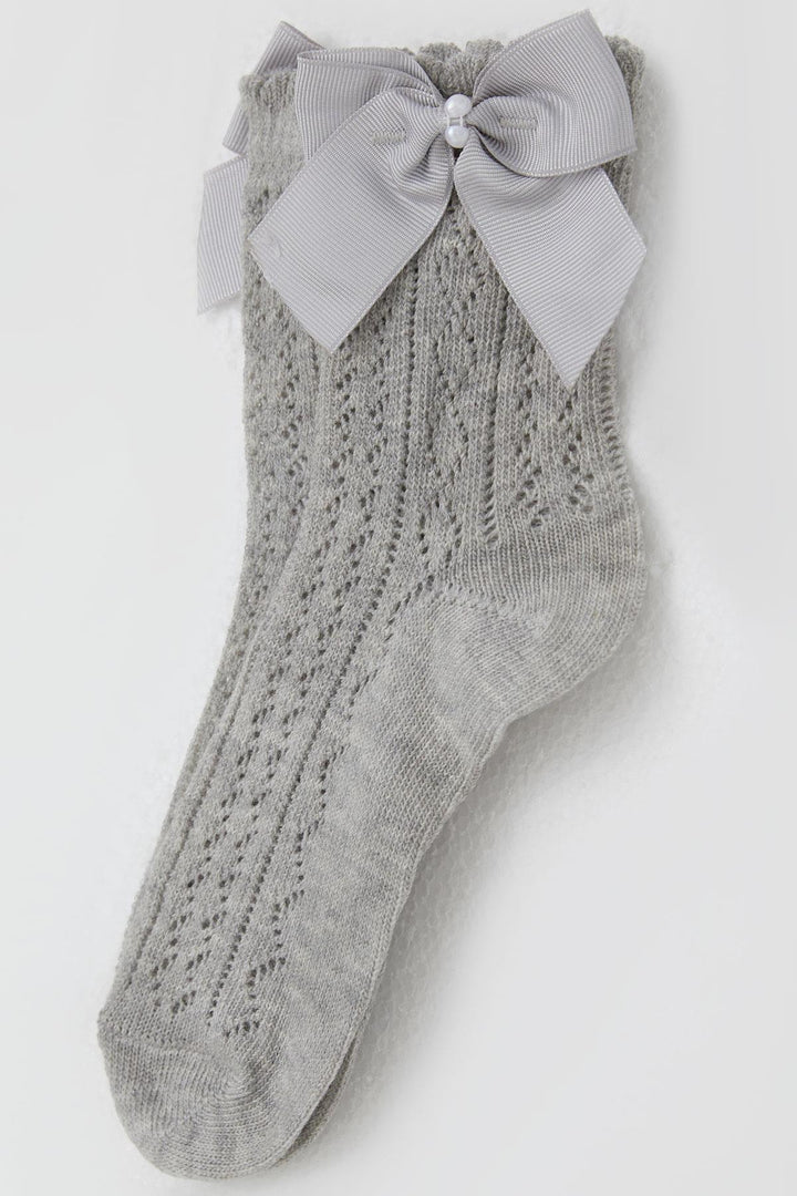 BRE Katamino Girl Child Mesh Socket Socks with Bow Accessory Pearl 5-8 Years, Gray Melange - Federal Way
