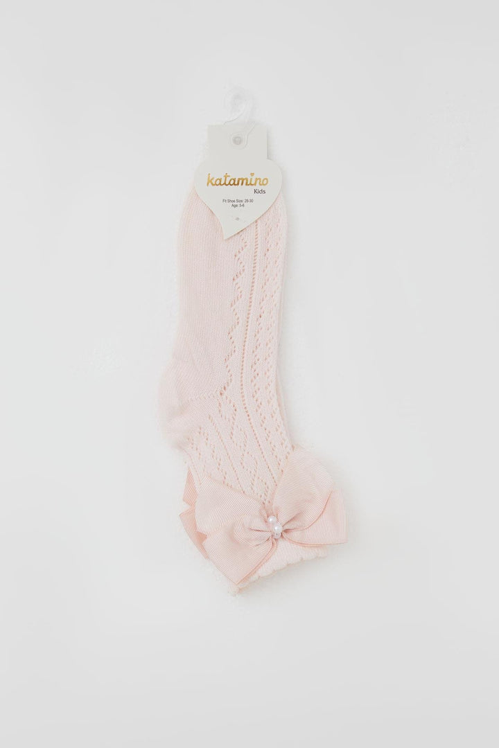 BRE Katamino Girl Child Mesh Socks with Bow Accessory and Pearls, 5-8 Years, Pink - Lexington