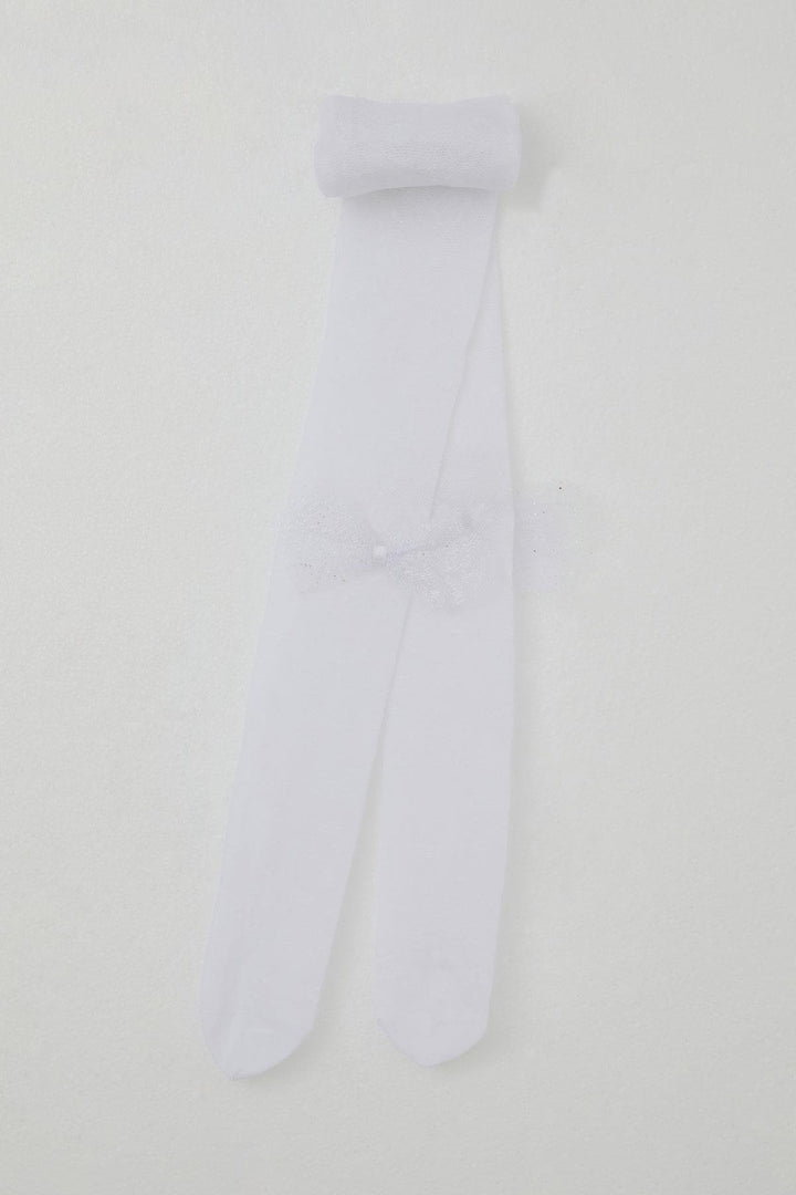 BRE Katamino Girl Child Thin Tights with Flower Patterned Tulle Bow Accessory 14 Years, White - Ardea