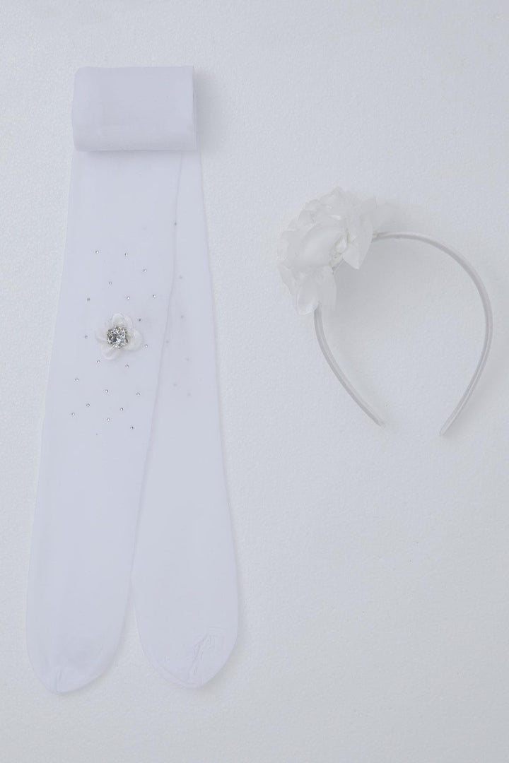 BRE Katamino Girl Child Tights Flower Accessory Crown Set 3-8 Years, White - Launceston