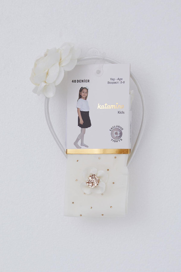 BRE Katamino Girl Child Tights with Flower Accessories Crown Set 3-8 Years, Ecru - Empoli
