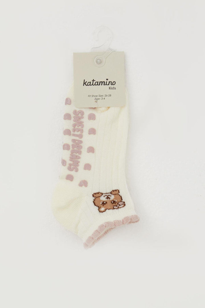 BRE Katamino Girl Child Slipper Socks with Cute Bear Print, 1-6 Years, Cream - Pueblo