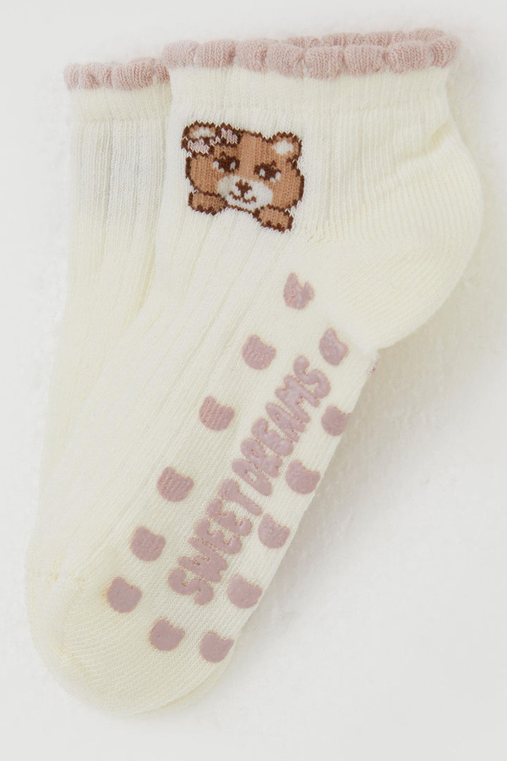 BRE Katamino Girl Child Slipper Socks with Cute Bear Print, 1-6 Years, Cream - Pueblo
