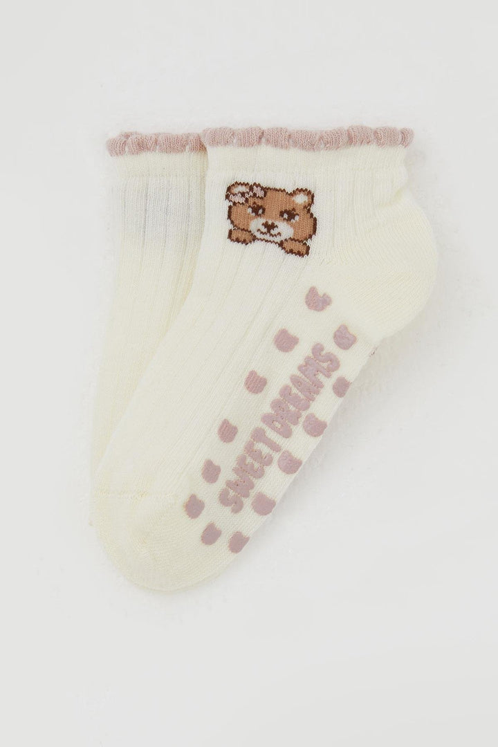 BRE Katamino Girl Child Slipper Socks with Cute Bear Print, 1-6 Years, Cream - Pueblo