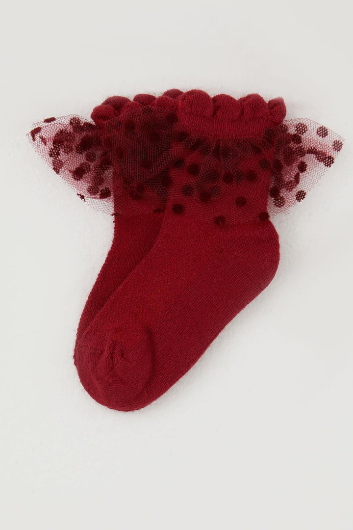 BRE Katamino Girl Child Socks with Tulle Detail on Ankle Part, 1-4 Years, Burgundy - Columbia