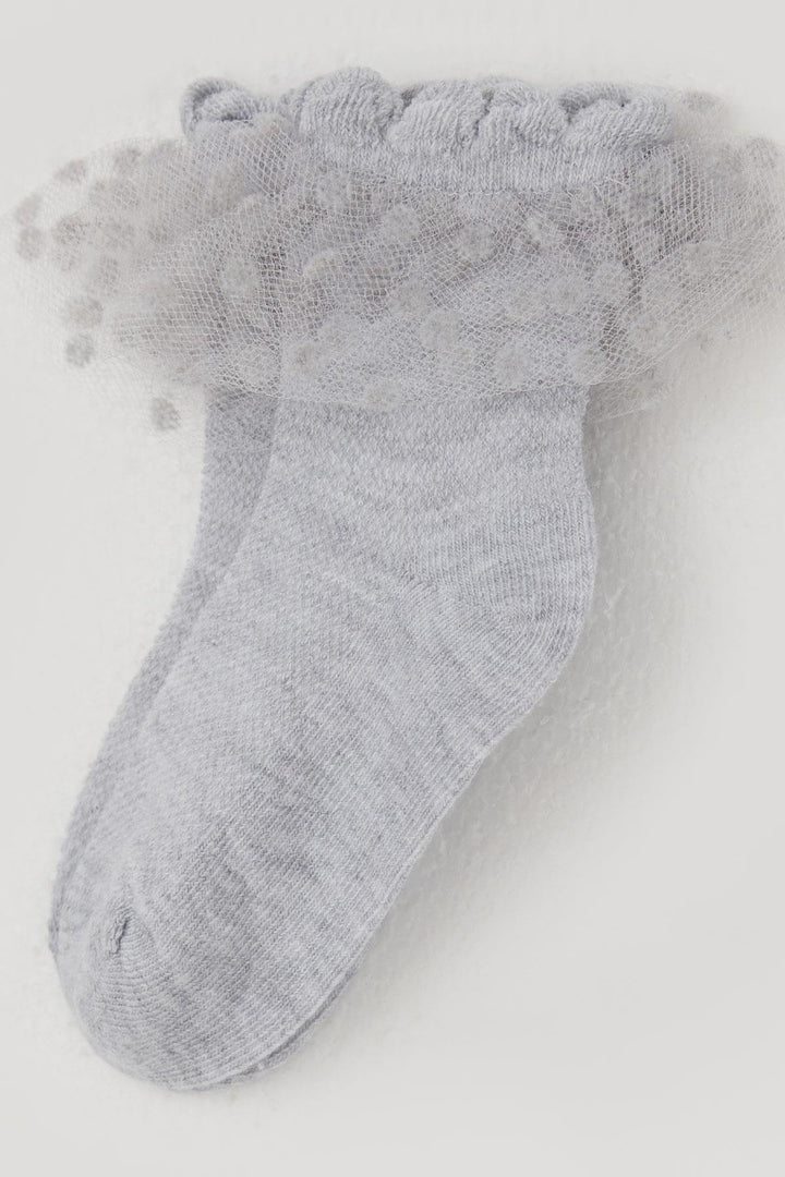 BRE Katamino Girl Child Socks with Tulle Detail on Ankle Part, 1-4 Years, Light Grey Melange - Pforzheim