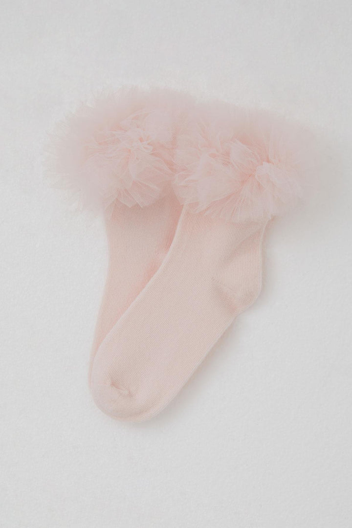BRE Katamino Girl Child Socks with Tulle Detail on Ankle Part, 3-8 Years, Pink - Riverview