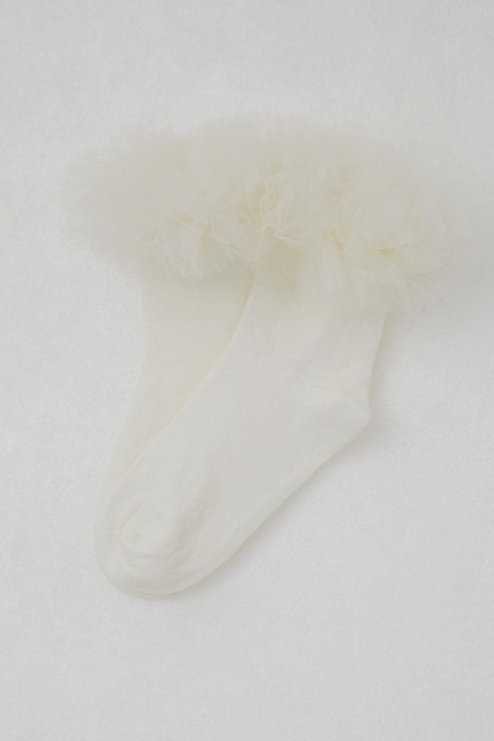 BRE Katamino Girl Child Socks with Tulle Detail on Ankle Part, 3-8 Years, Cream - Manhattan Beach