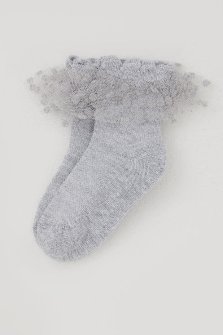 BRE Katamino Girl Child Socks with Tulle Detail on Ankle Part, 1-4 Years, Light Grey Melange - Pforzheim