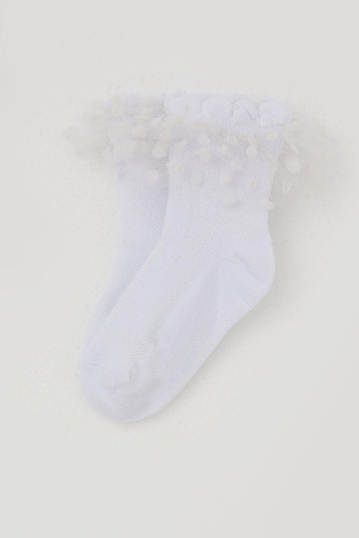 BRE Katamino Girl Child Socks with Tulle Detail on Ankle Part, 1-4 Years, White - St. Cloud