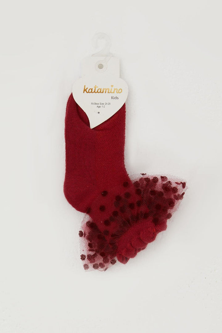 BRE Katamino Girl Child Socks with Tulle Detail on Ankle Part, 1-4 Years, Burgundy - Columbia