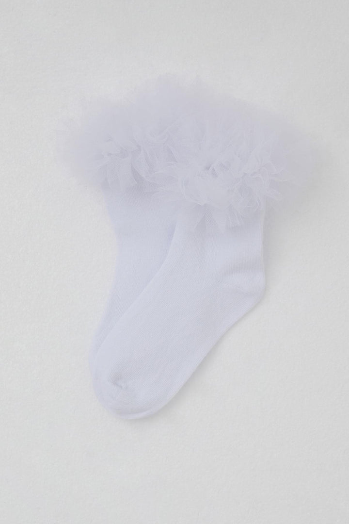 BRE Katamino Girl Child Socks with Tulle Detail on Ankle Part, 3-8 Years, White - Alhaurín de la Torre