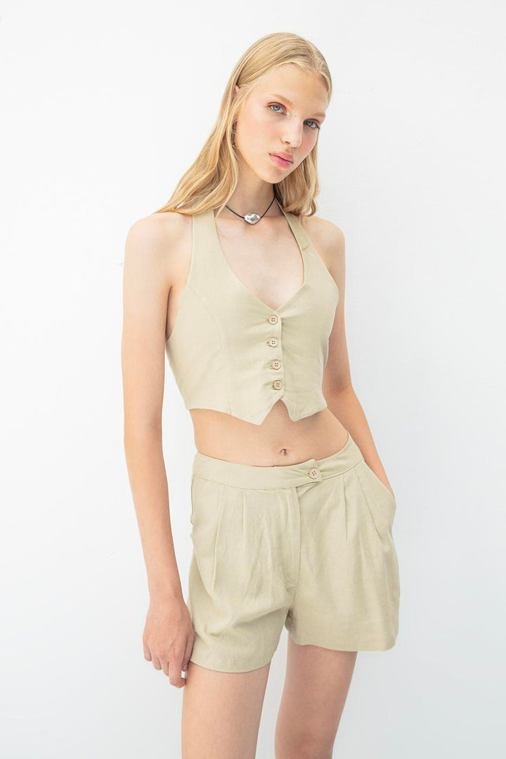 BSL Women Pleated Linen Mini Shorts - Conflans-Sainte-Honorine
