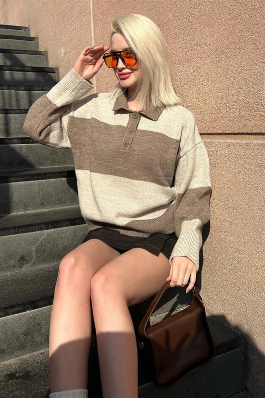 MDX Mink Buttoned Polo Neck Striped Women's Sweater Mg2286 - Homyel’