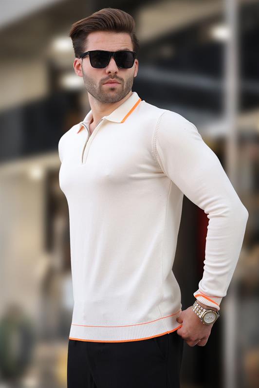 MDX White Zippered Polo Collar Sweater with Stripe Detail Long Sleeve 7267 - Avezzano