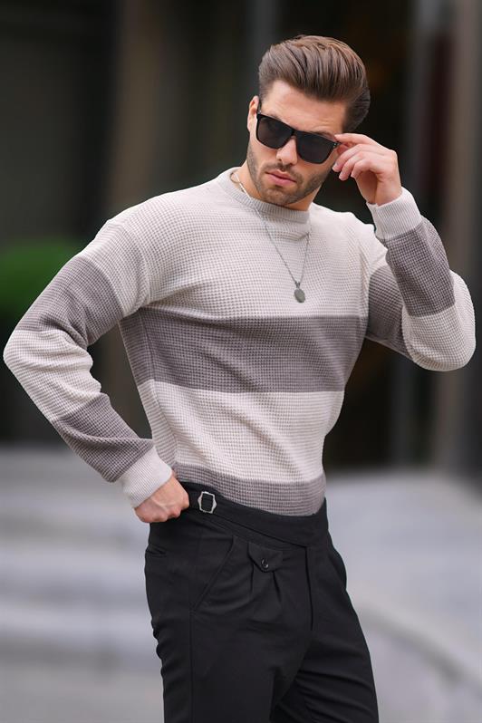 MDX Beige Bicycle Collar Color Block Long Sleeve Knit Sweater 7236 - Unna