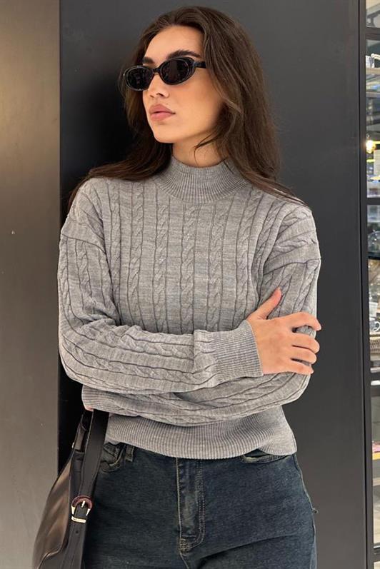 MDX Gray Half Fisherman Collar Braided Knit Women's Sweater MG2257 - Hayward