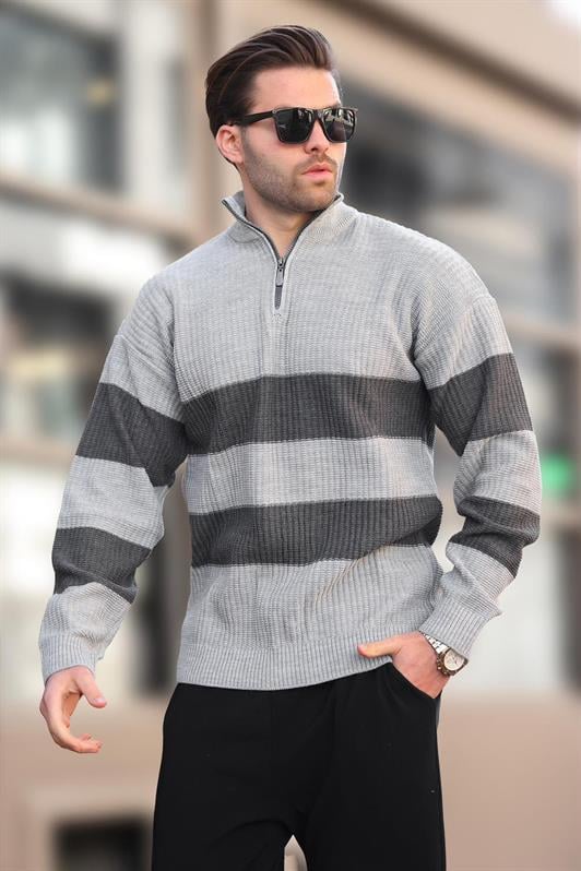 MDX Gray Zip Neck Striped Men's Sweater E7272 - Leipzig