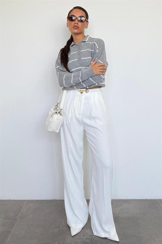 MDX Gri Çizgili Polo Yaka Kadın Triko Kazak MG2470 - Tuttlingen