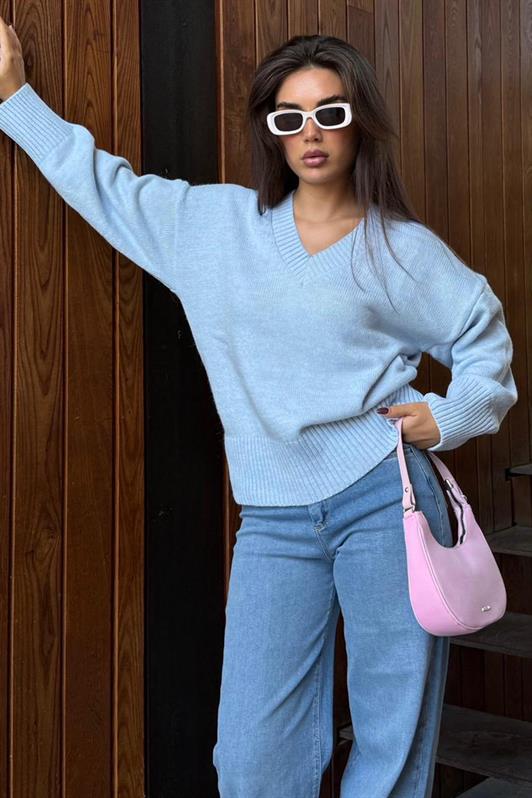 MDX Bebe Mavisi V Yaka Oversize Kadın Triko Kazak MG2149 - Lausanne