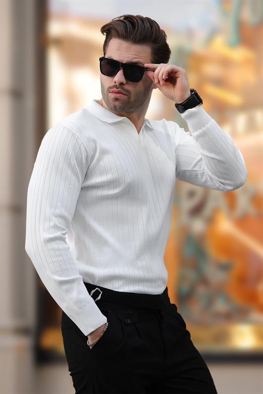 MDX White Striped Long Sleeve Polo Neck Sweater 7239 - Cincinnati