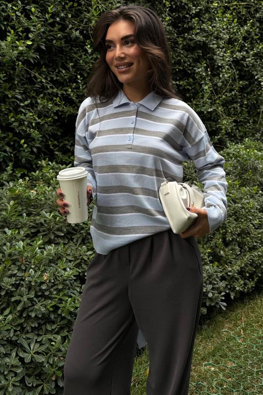 MDX Mavi Çizgili Polo Yaka Düğmeli Kadın Kazak MG2561 - Azuqueca de Henares