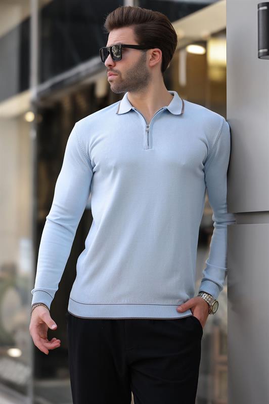 MDX Blue Zippered Polo Collar Sweater with Striped Detail Long Sleeves 7267 - Bristol