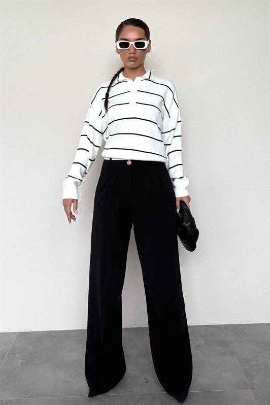 MDX Kemik Rengi Çizgili Polo Yaka Kadın Triko Kazak MG2470 - Maricopa