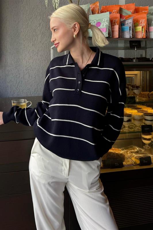 MDX Lacivert Çizgili Polo Yaka Kadın Triko Kazak MG2470 - Fedosiia