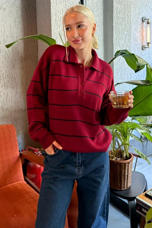 MDX Bordo Çizgili Polo Yaka Kadın Triko Kazak MG2470 - Apan