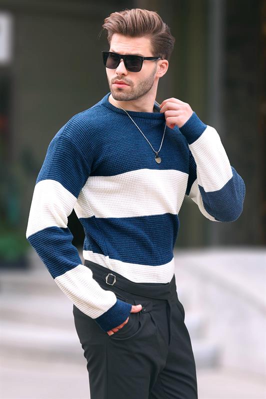 MDX Indigo Bicycle Collar Color Block Long Sleeve Knit Sweater 7236 - Derry