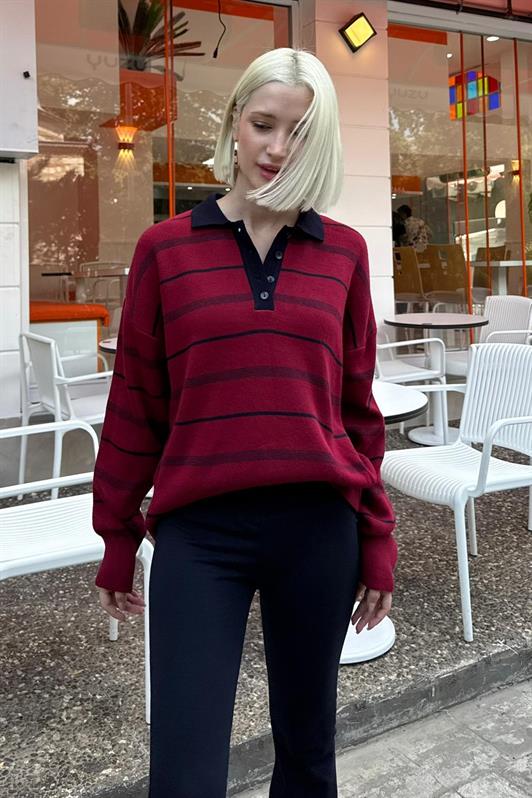 MDX Bordo Çizgili Polo Yaka Kadın Kazak Mg2476 - Swindon