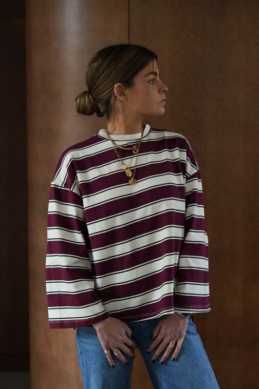 MDX Burgundy Bicycle Collar 100% Cotton Striped Long Sleeve T-Shirt Mg2362 - Stirling