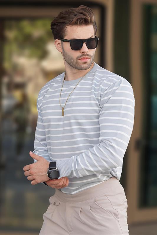 MDX Open Grey Striped Sweater with Bicycle Neckline 7241 - Pinner