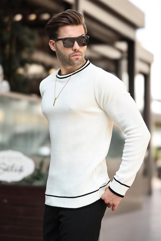 MDX Ecru Bicycle Neck Stripe Detailed Long Sleeve Knit Sweater 7245 - Brest