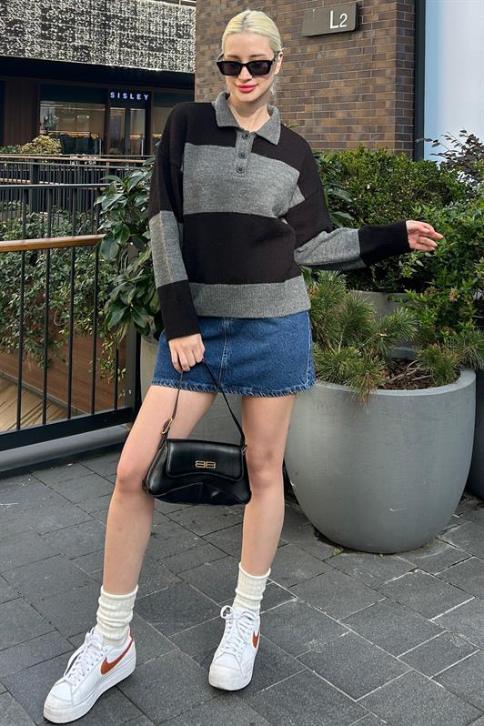 MDX Anthracite Buttoned Polo Neck Striped Women's Sweater Mg2286 - Merano