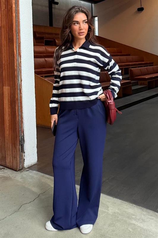 MDX Lacivert Çizgili Polo Yaka Düğmeli Kadın Kazak MG2561 - Coral Springs