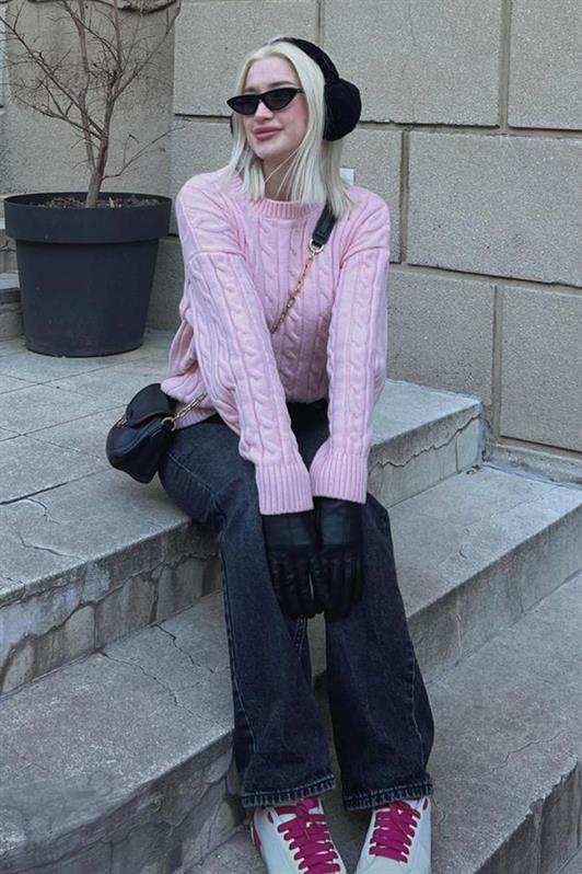 MDX Pink Fisherman Collar Braided Knit Sweater Mg2336 - Melitopol