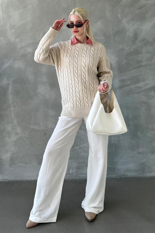 MDX Ecru Fisherman Collar Braided Knit Sweater Mg2336 - San Miguel de Allende