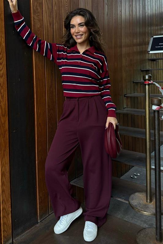 MDX Burgundy Striped Polo Neck Buttoned Women's Sweater MG2561 - Brindisi