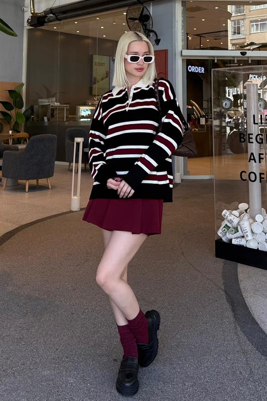 MDX Black Striped Buttoned Polo Neck Women's Sweater MG2280 - Pisa