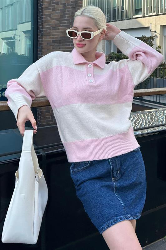 MDX Pink Buttoned Polo Neck Striped Women's Sweater Mg2286 - The Villages